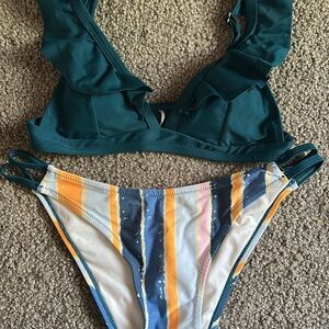 Teal and Multicolor Ruffle Bikini Set
